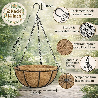 ココライナー付き金属製吊り下げ植物バスケット 2 個パック